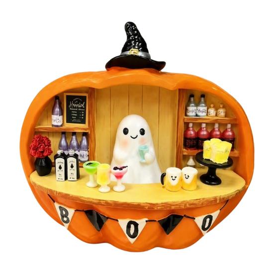 Small Halloween Ornament Ghost Bartender Pumpkin Figurine, Mini Bar Scene Coffee Lighted Tabletop Decoration for Living Room, Entryway, Mantel, Table,