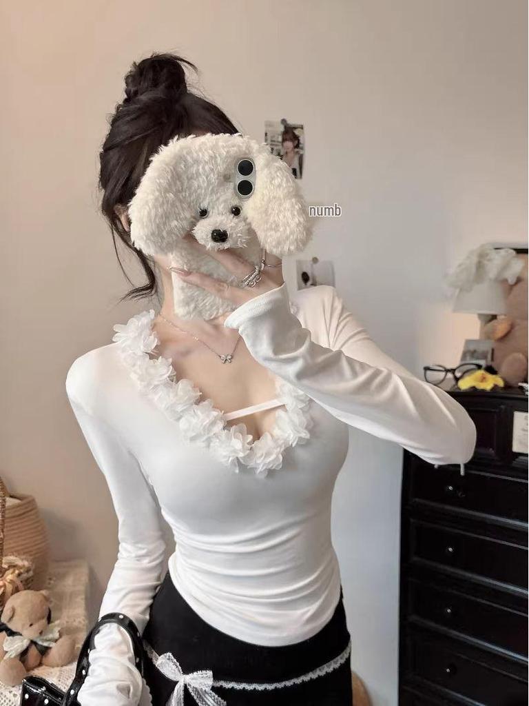 Threaded Plush White Puff Sleeve Lace V-Neck Long-Sleeve Slim-Fit Women's T-Shirt for Autumn/Winter