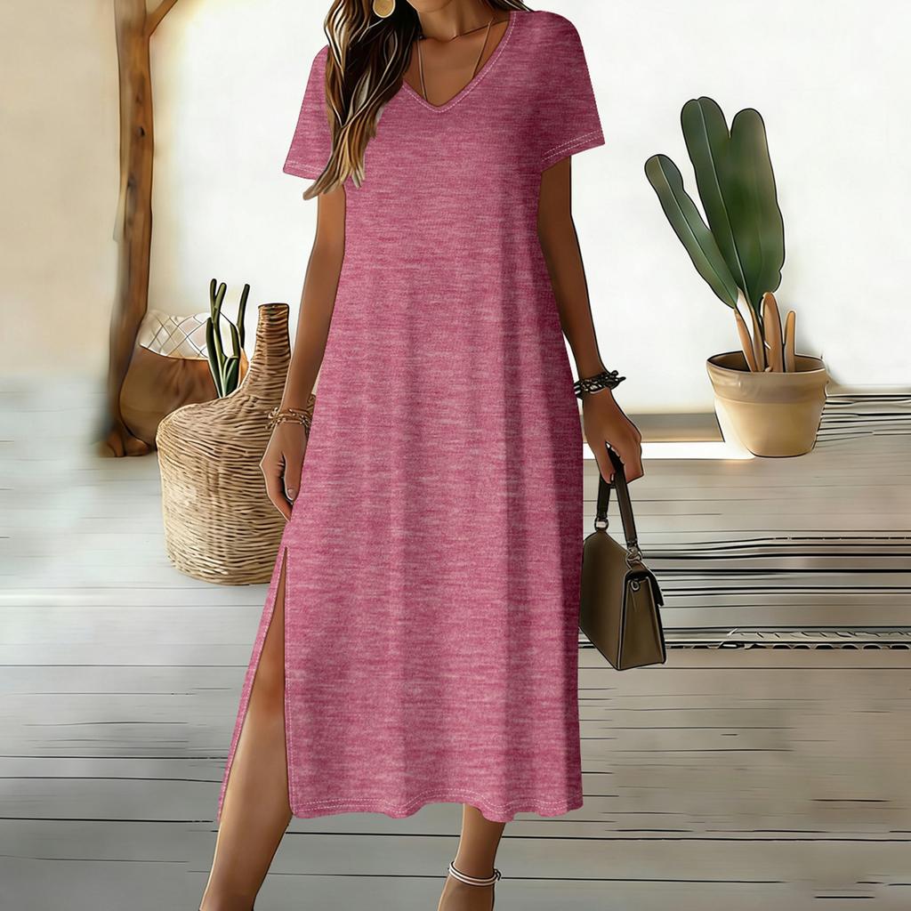 Damen Casual Lockerer V-Ausschnitt Kurzarm Rock Mit Schlitz Am Saum Und Mittellangem Design