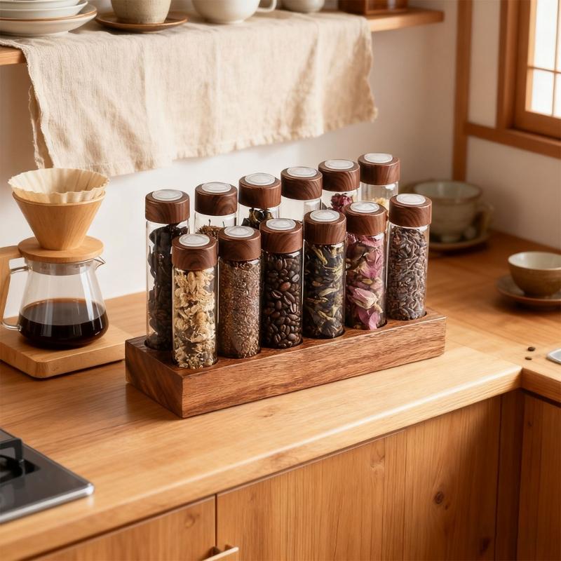 Premium Coffee Dispenser With Borosilicate Glass Container And Natural Wooden Display Stand Coffee Dispenser