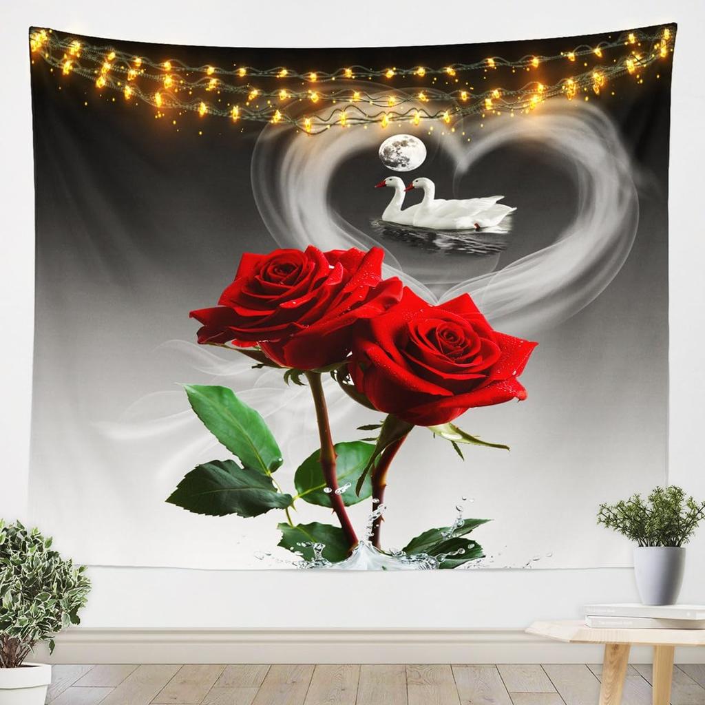 Romantic Dark Red Rose Tapestry,Moody Floral Wall Art with Vivid Red Roses & Dark Leaves,for Bedroom,Aesthetic & Cozy Home Decor