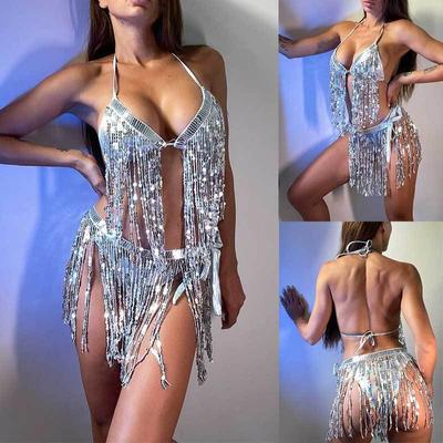 Sequin Tassel Sexy Bikini Set Women Fashion Slim Fit Belly Dance Latin Dance 3 Piece Set Beach Bikini Women Evening Club Performance Suit 24338