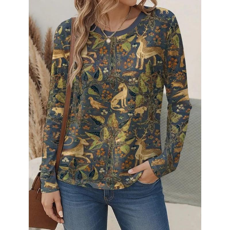 Fashion Women's Crew Neck Long Sleeve 3D Floral Color Printing Floral Long Sleeve Crew Neck T-Shirt