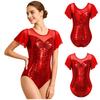 Women Stage Performance Leotard Metallic Mesh Patchwork Flutter Sleeve Ruched Front Cross U Back Ballet Dance Bodysuit