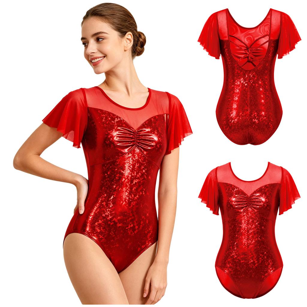 Women Stage Performance Leotard Metallic Mesh Patchwork Flutter Sleeve Ruched Front Cross U Back Ballet Dance Bodysuit