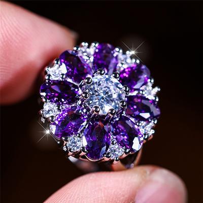 Luxury Female Crystal Purple Zircon Stone Sun Flower Engagement Ring Vintage Silver Color Wedding Jewelry For Women