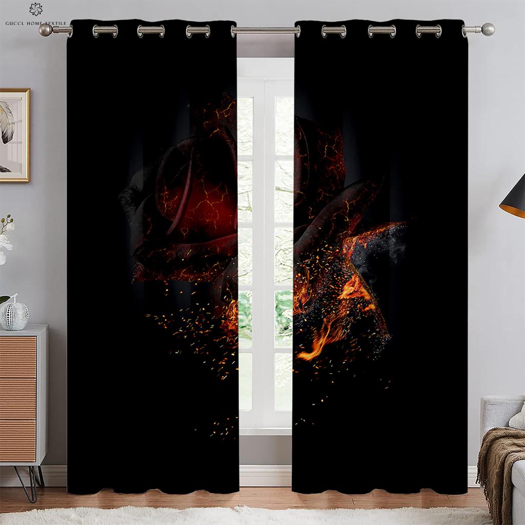 Red Rose Flower Curtains, Window Decoration, Retro Floral, 3D Printing, Custom, Bedroom, Living Room, Kitchen 2PCS