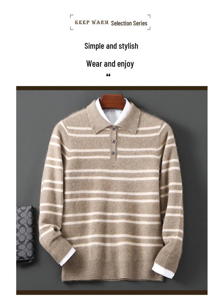 Men's 100% Wool Color Block Stripe Polo Collar Sweater, Autumn/Winter Collection