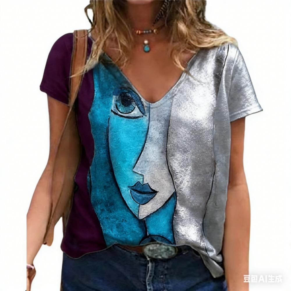 Women's V Neck T-shirt Summer Casual Plus Size Print Tops Loose Vintage Female Tee Streetwear Short Sleeve Clothes