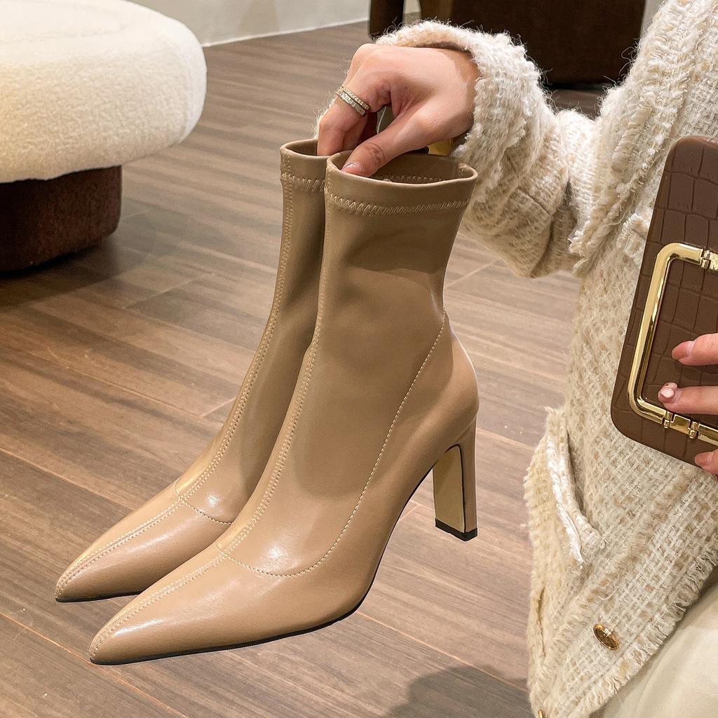 Spring  Autumn New Elegant Simple Pointed High Heels Fashionable Versatile Women's Boots minimalist comfortable Short Boots