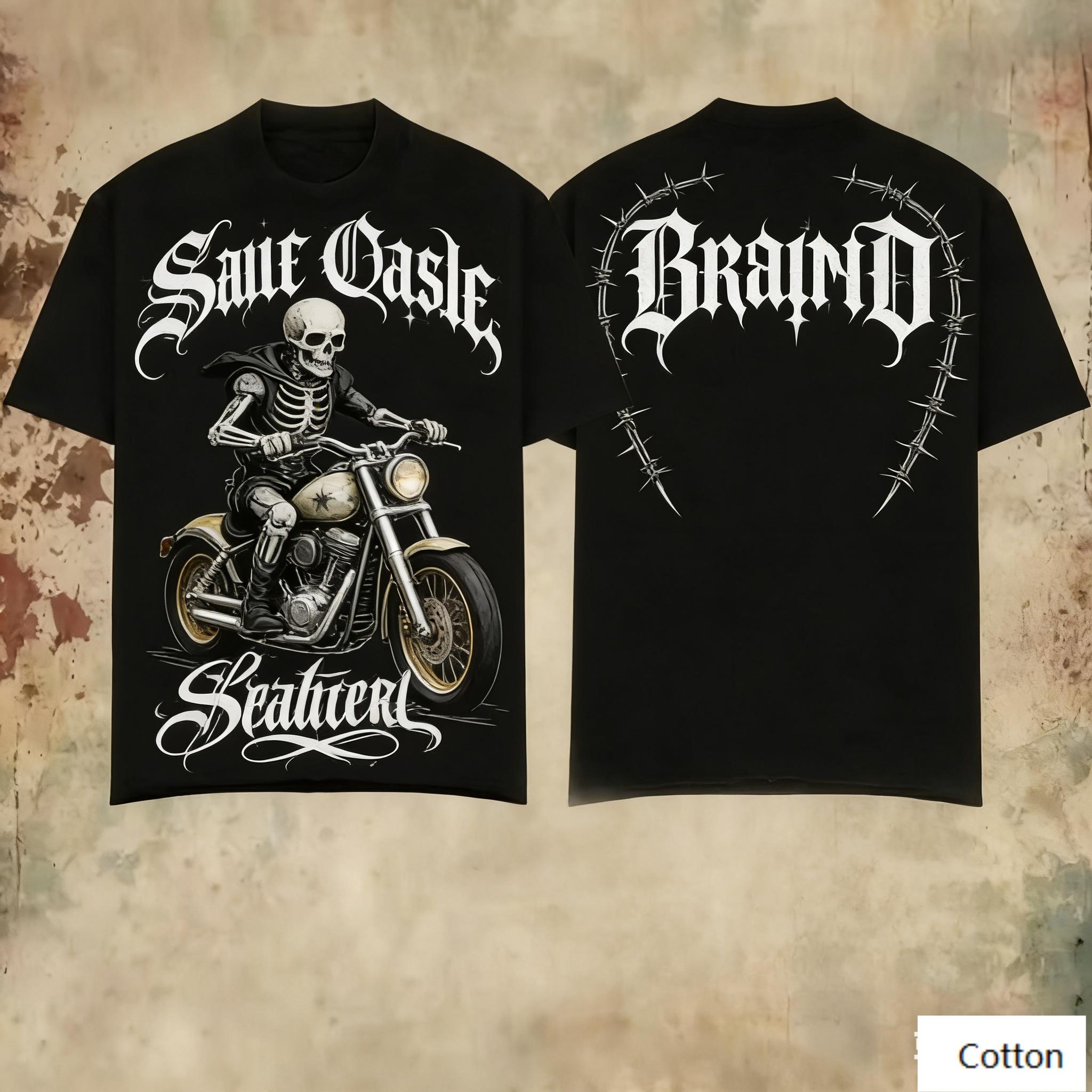 Oversized Black Cotton TShirt with Bold Skeleton Biker Graphic and Thorn Gothic Text Unisex Streetwear Tee S