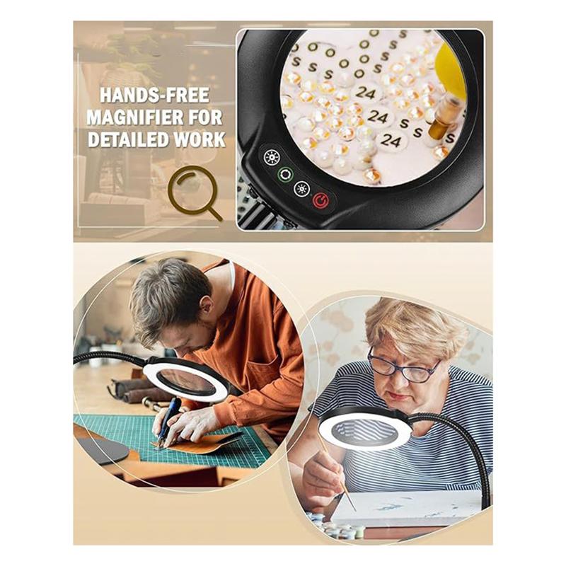 Flexible Gooseneck Lighted Magnifier With Stand 5 Color Modes Dimmable USB Reading Eye Protection Study Lamp