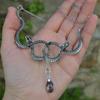 Double Snake Crystal Necklace - Silver Gothic Jewelry, Coiled Design