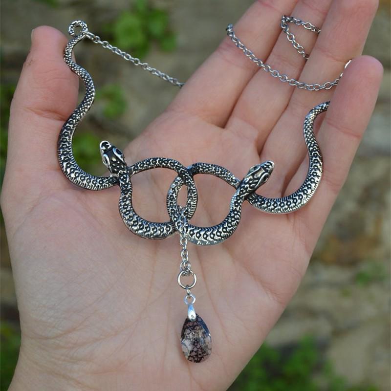 Double Snake Crystal Necklace - Silver Gothic Jewelry, Coiled Design
