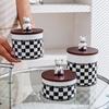 Black and White Grid Ceramic Storage Jar, Sealed Jar with Wooden Lid, Food Storage Container, Candy Jar, Kitchen Supplies