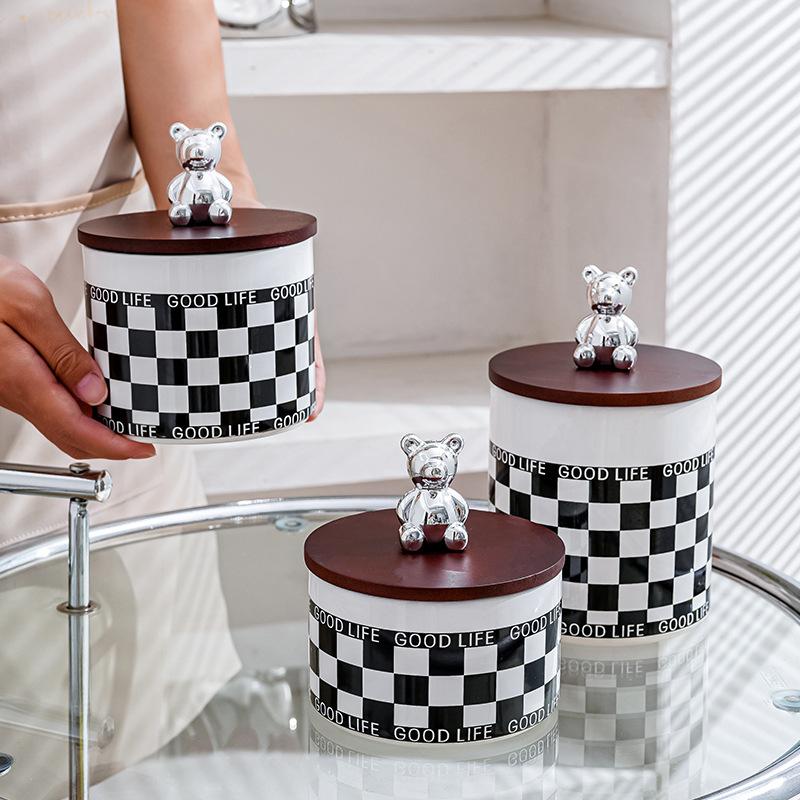 Black and White Grid Ceramic Storage Jar, Sealed Jar with Wooden Lid, Food Storage Container, Candy Jar, Kitchen Supplies