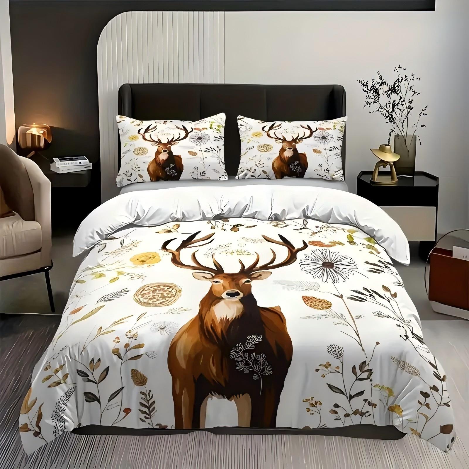 

Plants Reindeer Pattern 3D Printed Duvet Cover Soft Comfortable Rustic Style Bedding Set Wildlife Theme Quilt Cover Pillowcases 135x200cm 2pcs