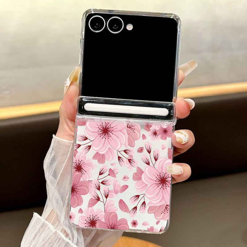 Custodia per Telefono con Motivo di Fiori di Pesco Magnetici per Samsung Galaxy Z Flip7 FE Flip6 Flip5 Flip7 Cover Pieghevole Rigida Trasparente Antiurto in PC