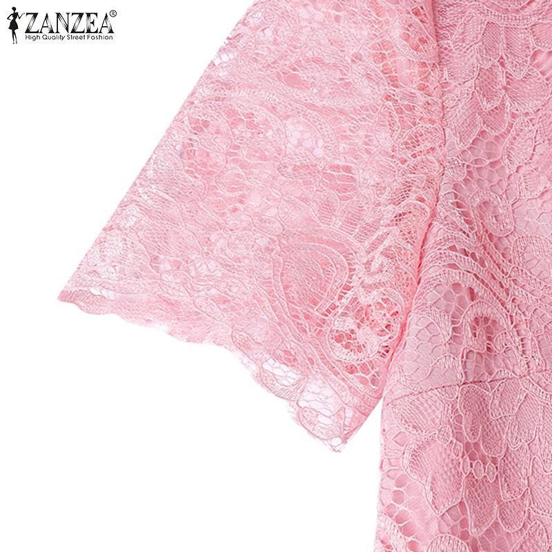ZANZEA Women Casual Round Neck Summer Short Sleeve Patchwork Crochet Dress