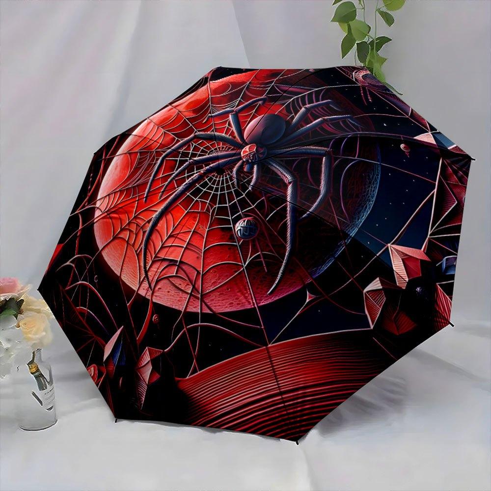 Gothic Spider Web & Red Moon Open/Close Umbrella - 8-Rib Compact Folding Umbrella with Gothic Design, Black & Red Spider Web P