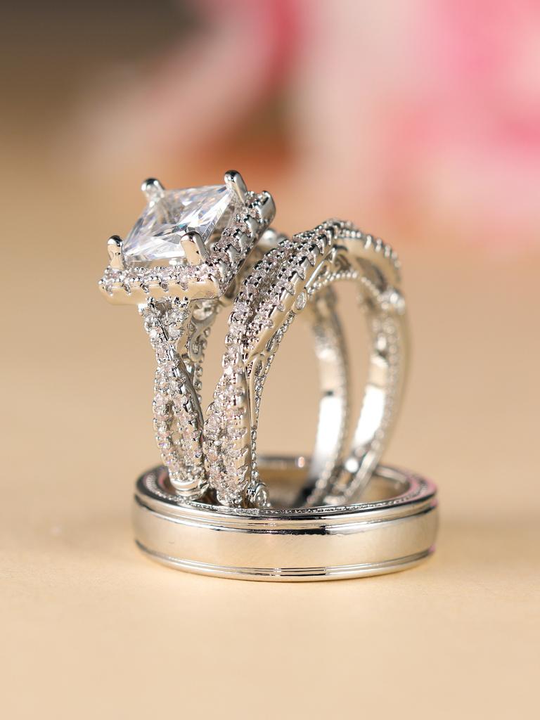 Rose Gold Three Piece Ring Set with Diamonds, Zirconia, Full Diamond, Female Pair Ring, Male Ring