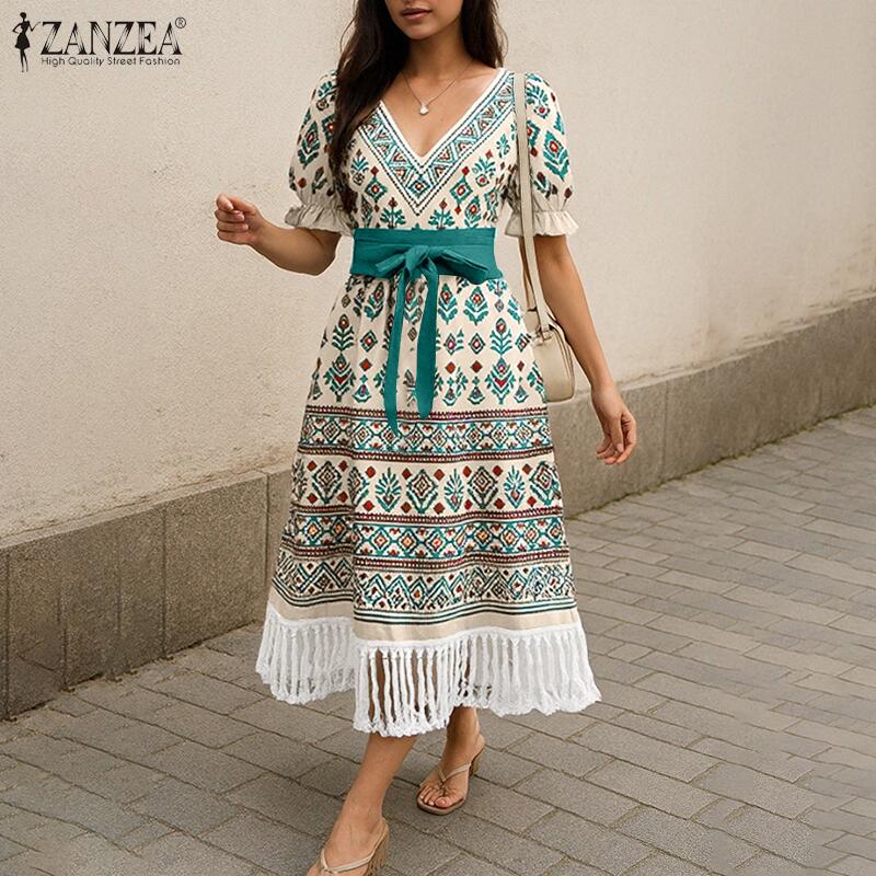 

ZANZEA Women Casual V-Neck Short Sleeve Tassel Hem Summer Print Dress S