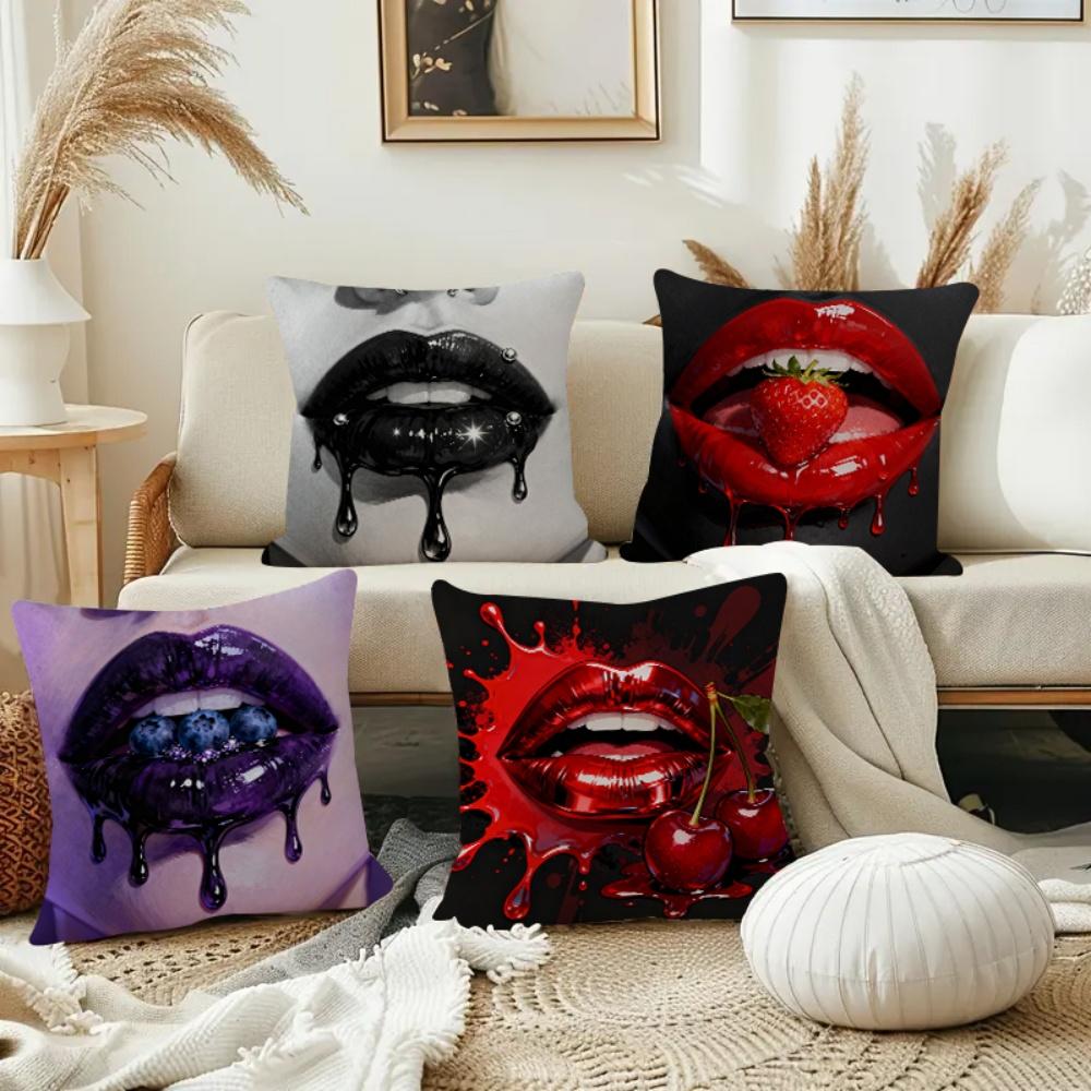 4Pcs Double-Sided Printed Pillow Covers, Bold Dripping Lips & Fruit Print Cushion Cases, Edgy Home Decor For Bedroom Living Room