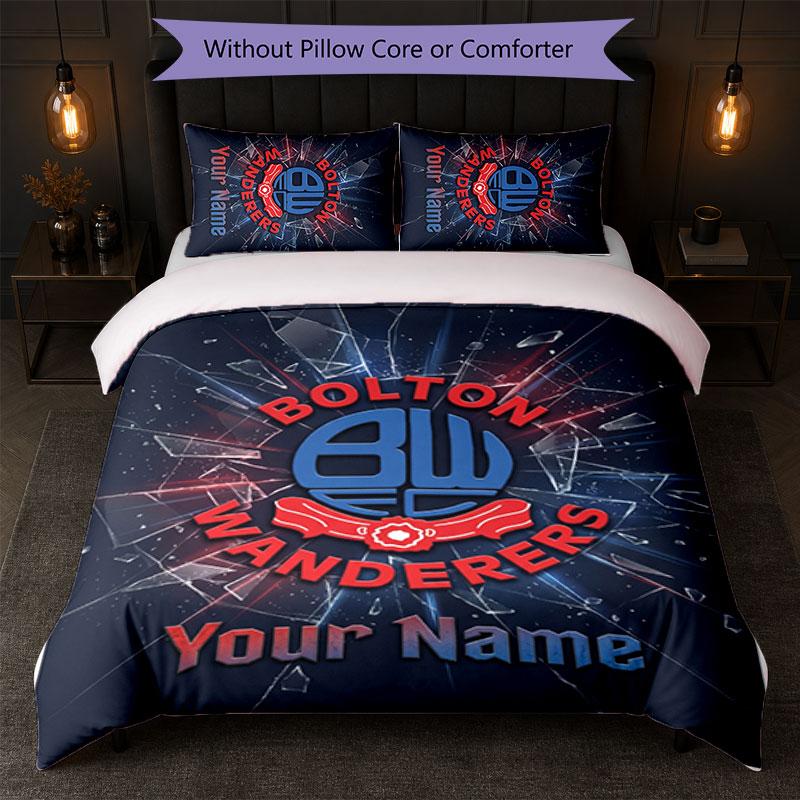 Bolton Wanderers FC Custom Name Text Bedding Set 1 Duvet Cover+2 Pillowcases Soccer Logo Personalized Gift For Special Occasion Bedroom Decor