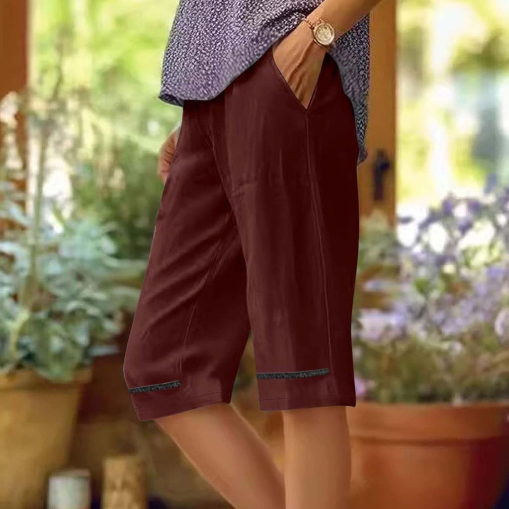 Women's Casual Loose Pocket Cotton Linen Elastomer Casual Pants Knee-length Pants