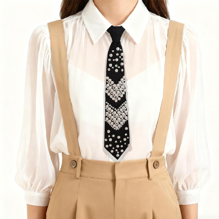 Friendly Polyester Necktie Imitation Pearls Detailing Business Meeting Accessory Comfortable Wear for Costume Parties