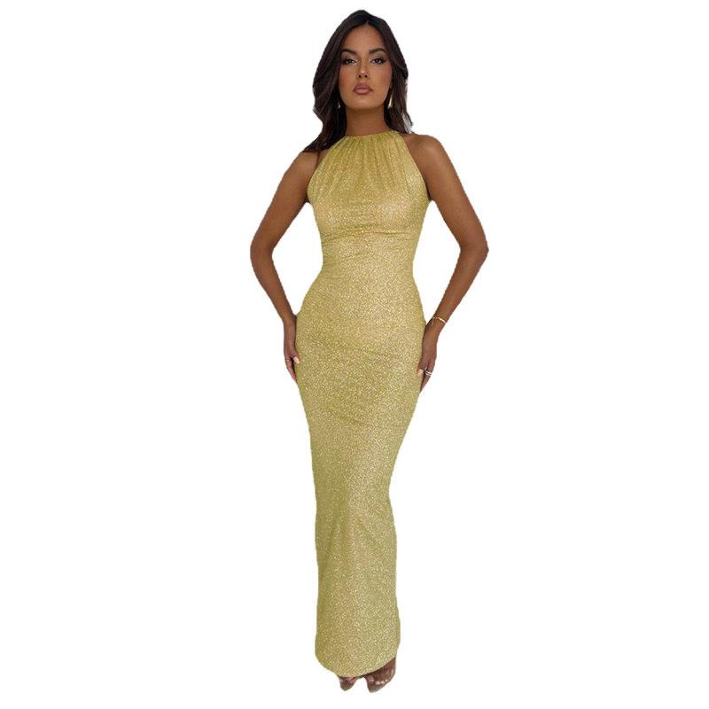 Damen Herbst Ärmelloses Schlitz Langes Kleid - Sexy Neckholder Bodycon Abendkleid mit Taillierung für Büro oder Party