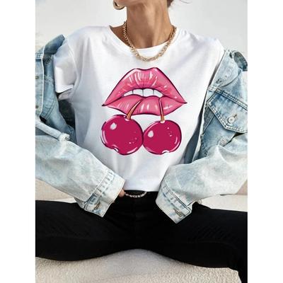 New Women's T-shirt Casual O-Neck Tops Tees Harajuku Fashion Cherry Lips Print Top Kawaii Short Sleeves Female T Shirt