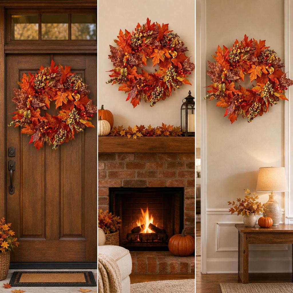 Door Wreath with Maple Leaves and Berries Artificial Fall Plump for Porch