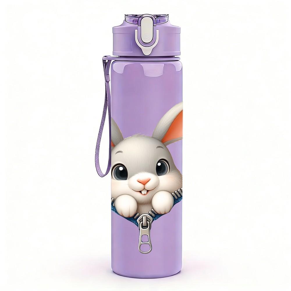 1PC Cute Rabbit Zipper Surprise Cartoon Portrait 750ml Color Plastic Sports Water Bottle Leakproof Flip Straw Lid Suitable for Sports Office Home Use