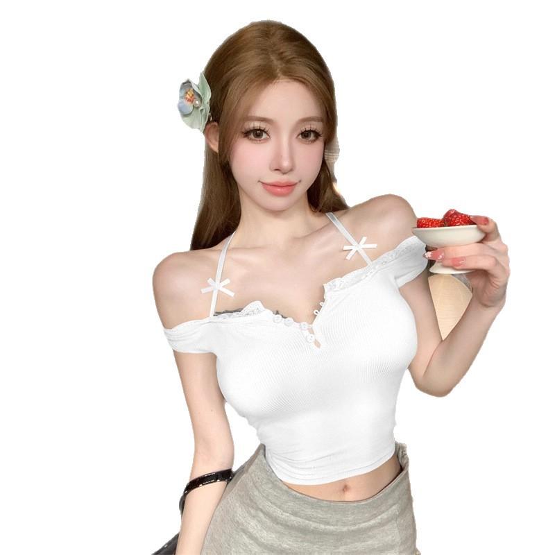 Lace Splicing Slim Sling Vest Summer Wear Short Spice Girl Shoulder Neck Top