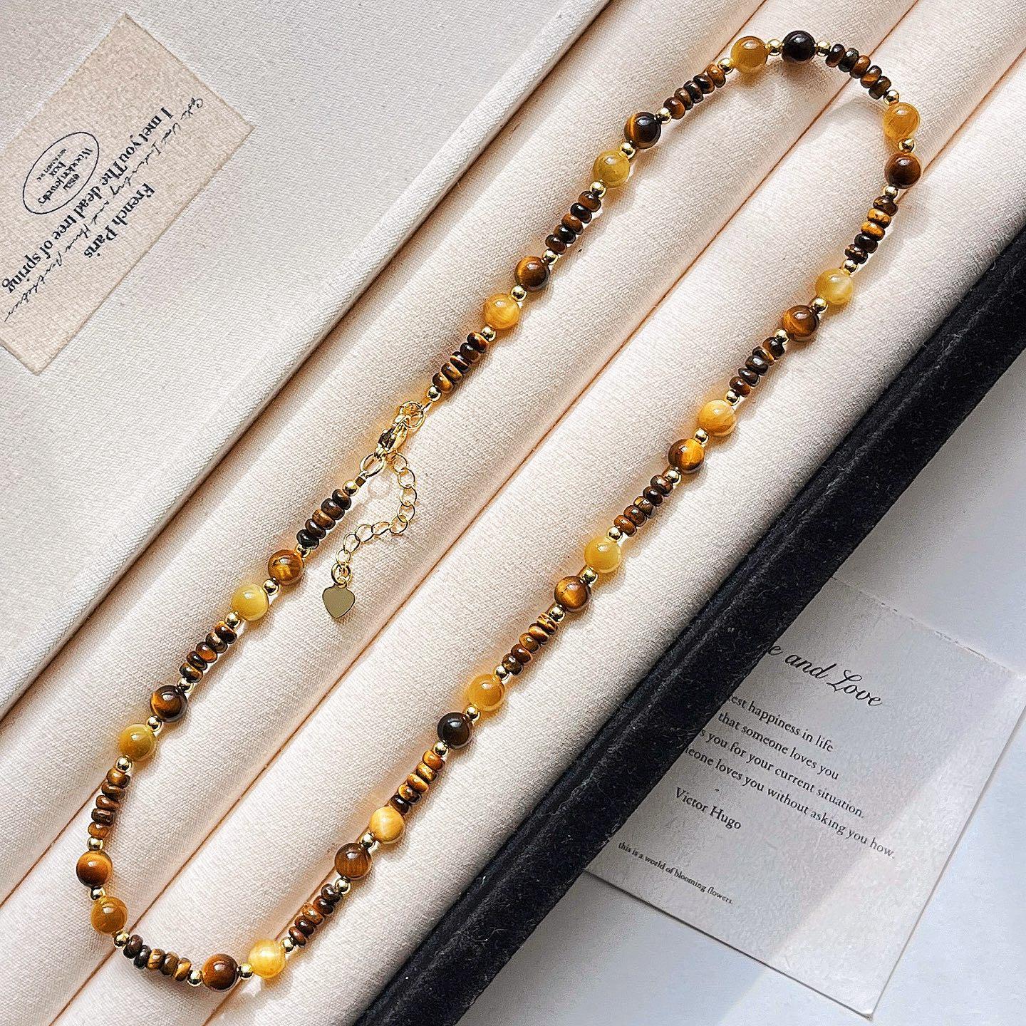 

Vintage High Quality Natural Tiger S Eye Stone Design Sense Sweater Chain Necklace Collarbone Chain Women