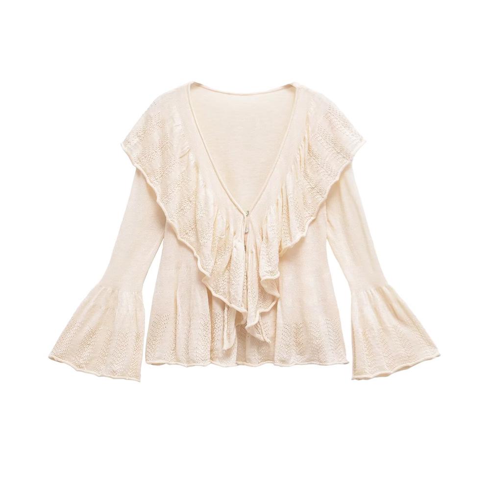 

2025 Spring Women s Sweet V-Neck Bell Sleeve Cardigan Top Small грязно-белый