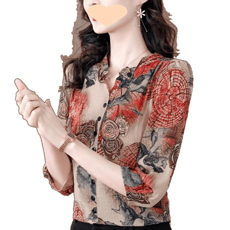 Woman Spring Summer Style Chiffon Blouses Shirts Lady Casual Stand Collar Half Sleeve Printed Blusas Tops