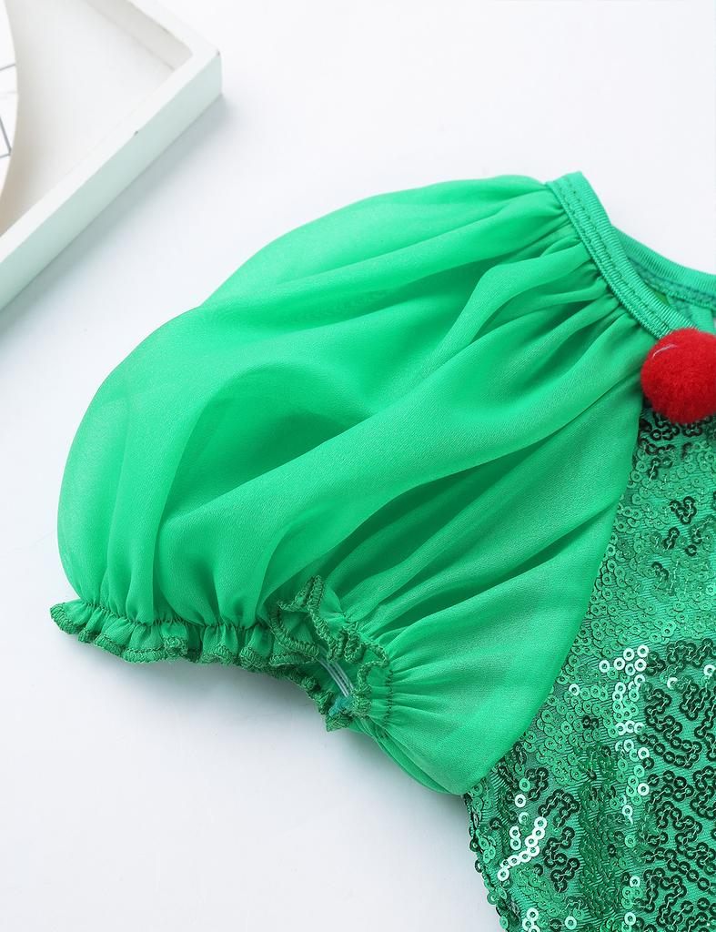 Girls Christmas Fairy Costume Short Puff Sleeves Sequined Striped Peplum Mesh Tutu Leotard Dress Hat Included