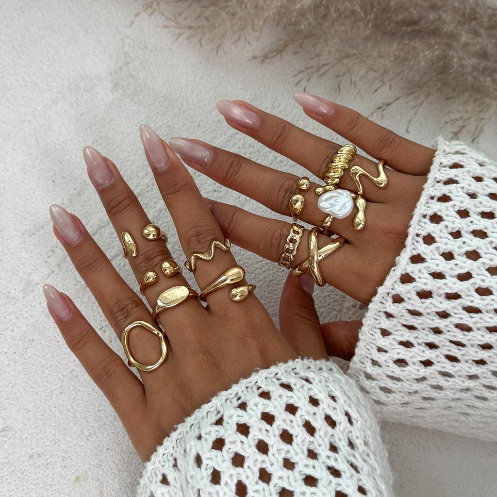 High-End Photosensitive Surface Water Drop Hug Ring Set Baroque Imitation Pearl Open Joint Ring