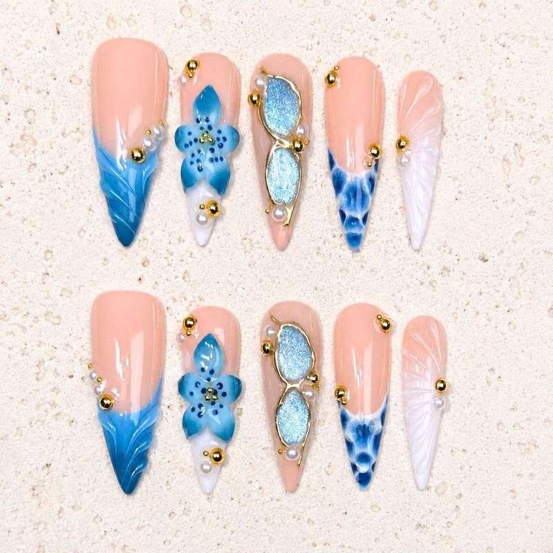 10pcs Handmade Press-On Nails With 3D Floral Design In Nude Pink Blue Ocean Theme Women Small