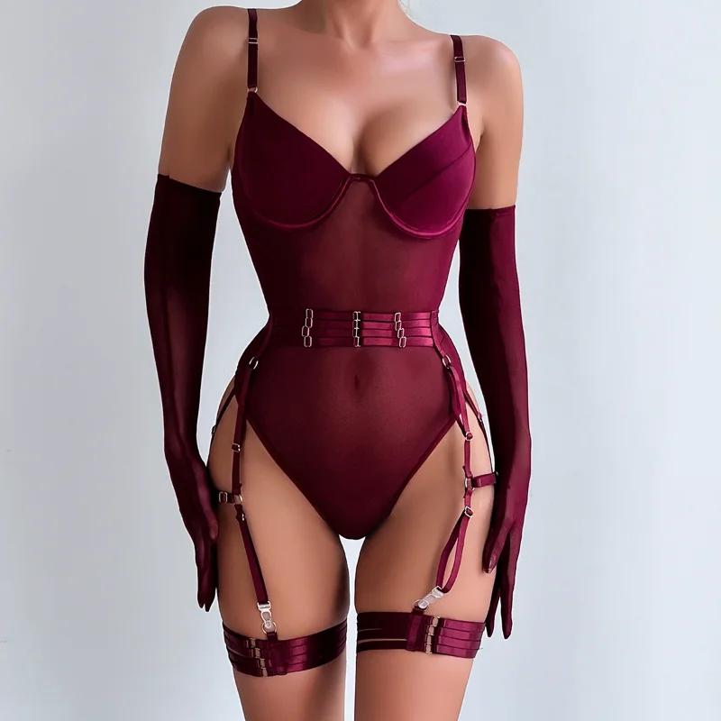 Bodysuit Women Sexy G-String Garter Belt Mesh See-Through Erotic Underwear Lace-Up Splicing Slim Three-Piece Set With Gloves
