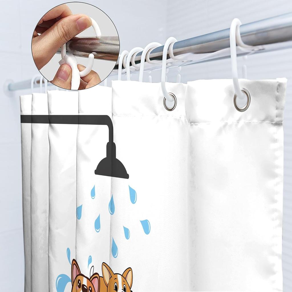 Cute Cat And Dog Shower Curtain, Cartoon Corgi Pet Pattern Fabric Bath Decor With 12 Hooks For Kids Bathroom Bathtub, 1Pc