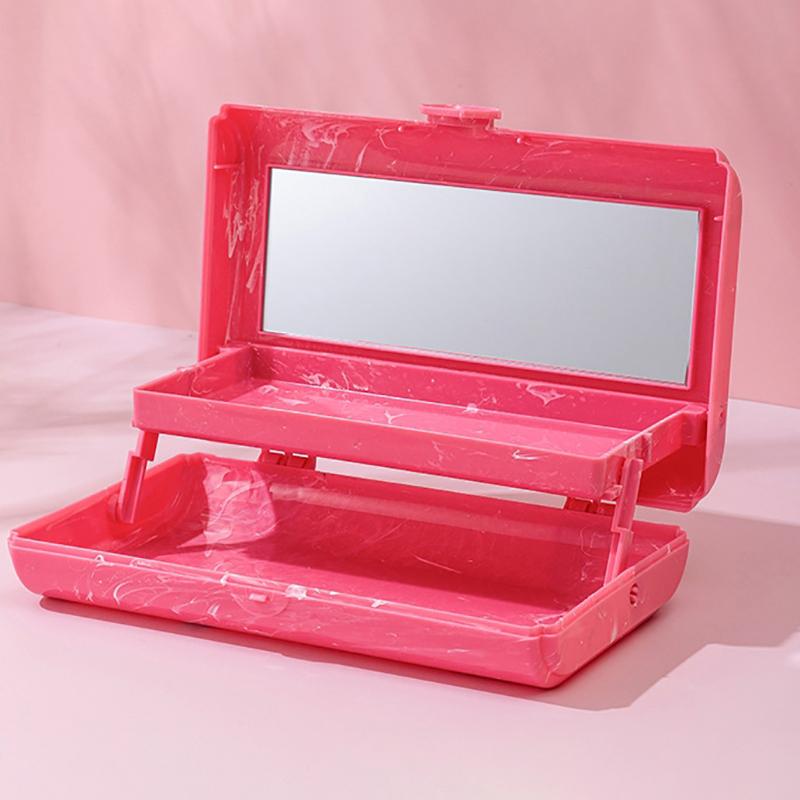 Double Layered Folding Item Box With Mirror Nail/Makeup Brush Jewelry Storage Portable Travel Cosmetics Organizer Container Case