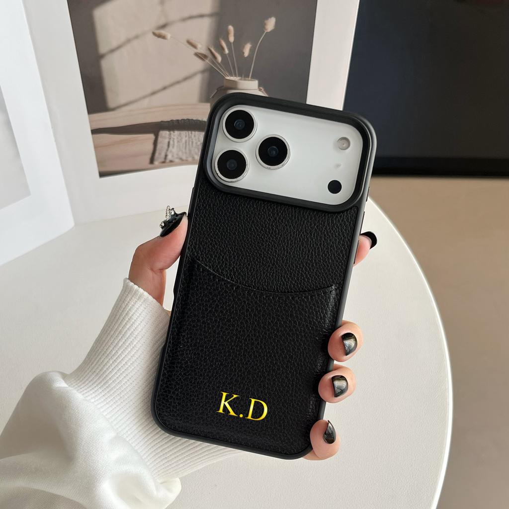 Personalized Custom Name Insert Card Case for iPhone 12 13 14 15 16 17 Pro Max Plus Air PU Leather Gold Hot Foil Stamping