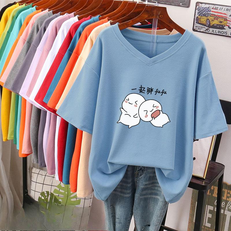 Camiseta de manga curta, Solta, Top V-neck Estampado Emagrecedor para Mulheres