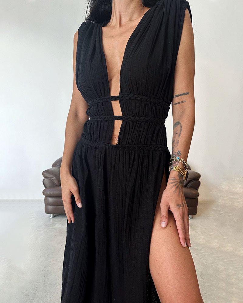 Bohemian Linen Sleeveless Braided Belt Slit Maxi Dress