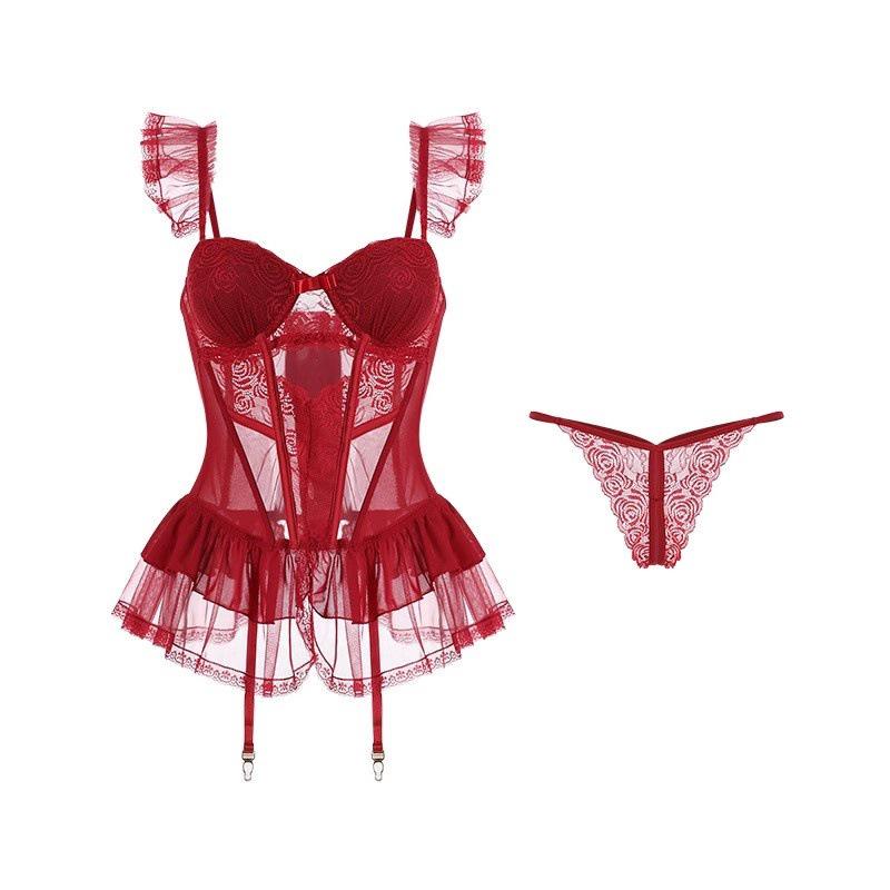 Slimming Sexy Lingerie Set: Padded Sleepwear with Underwire Vest, Quick-Release Puff Skirt, and Waist Cincher