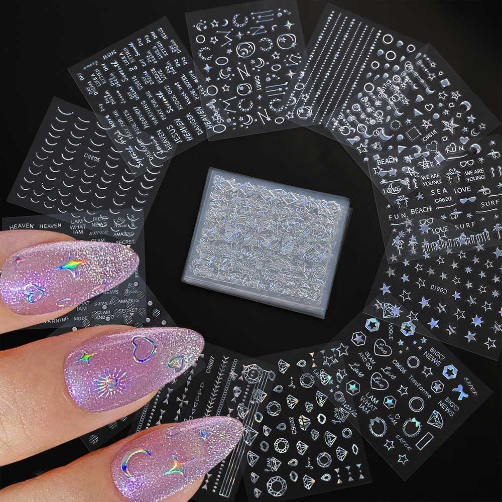 30Sheets Diamond Design Nail Sticker Laser Silver Star Heart Nail Decals 5.5*6.5cm Shiny Adhesive French Line Stripe Nail Slider