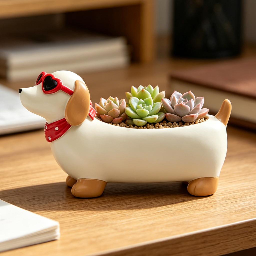 Cute Dachshund Resin Succulent Planter Adorable Dog-Shaped Flower Pot Funny Little Dog Flowerpot for Indoor Outdoor Patio Garden
